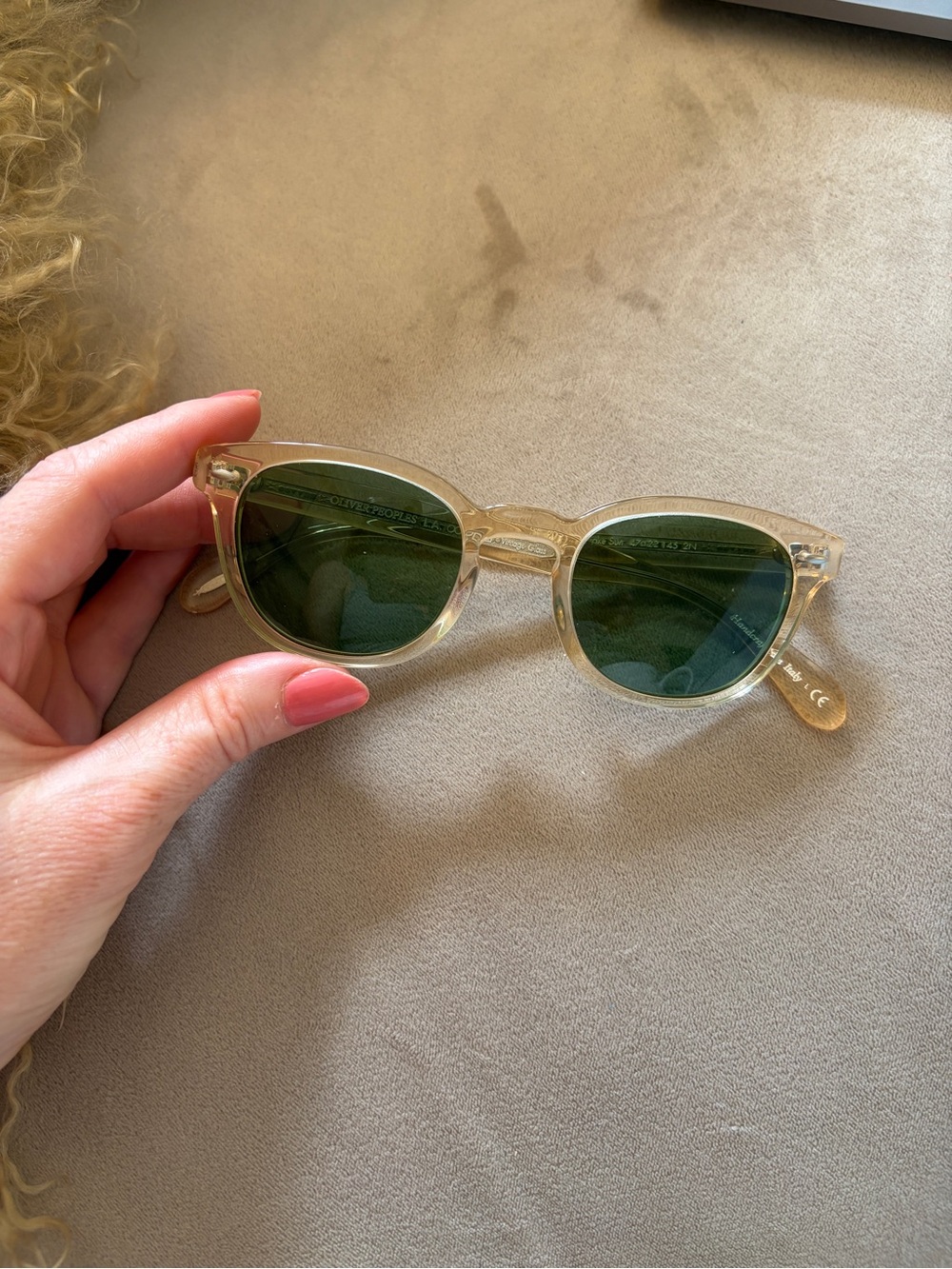 Oliver Peoples Clear Beige Frame Sunglasses with Green Lenses